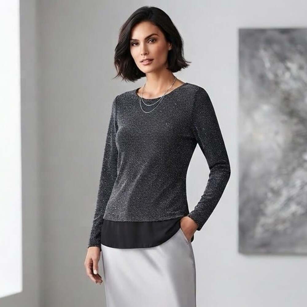 INC Sz L Metallic Silver & Black Long Sleeve  Chiffon Accent Tunic Top